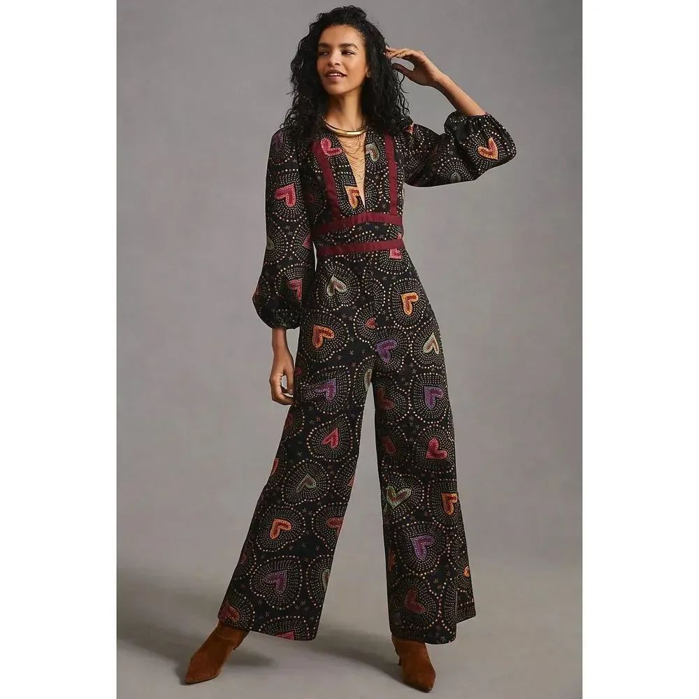 Anthropologie Farm Rio Deep-V Jumpsuit